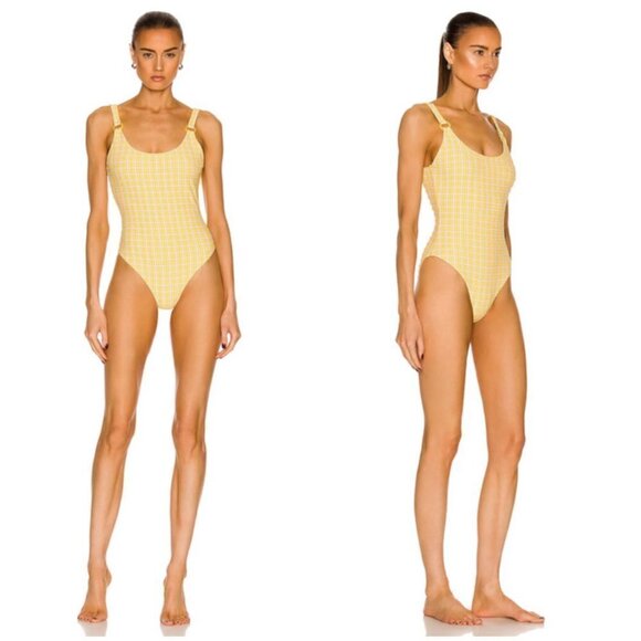 JONATHAN SIMKHAI Rosabel Seersucker One Piece Swimsuit Daffodil Plaid Large NWT - Picture 2 of 16